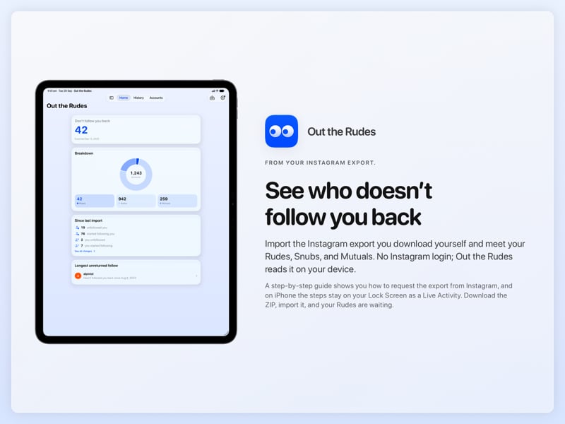 The Out the Rudes share image, showing the app on iPad Pro 13-inch with its icon, name and headline for the Saltmarsh account, in the Blue tint, light appearance.