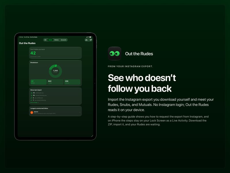 The Out the Rudes share image, showing the app on iPad Pro 13-inch with its icon, name and headline for the Saltmarsh account, in the Green tint, dark appearance.