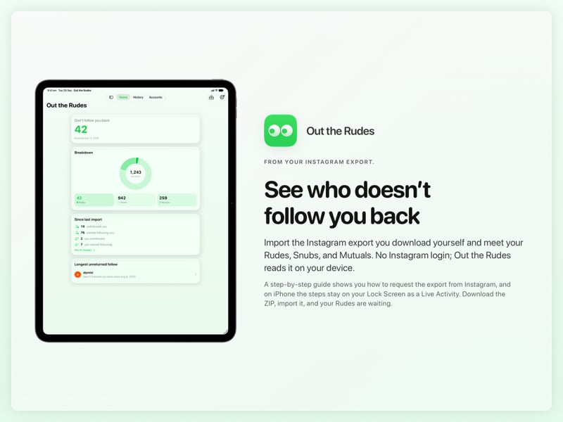 The Out the Rudes share image, showing the app on iPad Pro 13-inch with its icon, name and headline for the Saltmarsh account, in the Green tint, light appearance.