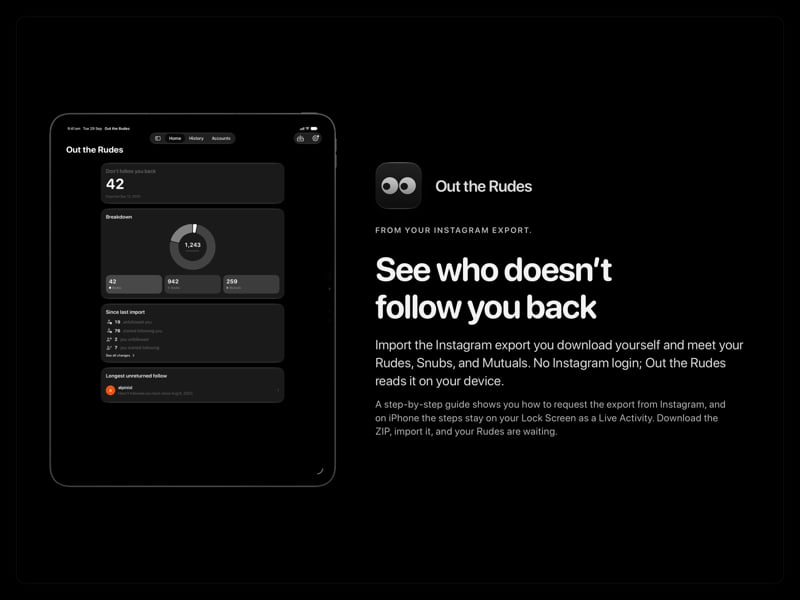 The Out the Rudes share image, showing the app on iPad Pro 13-inch with its icon, name and headline for the Saltmarsh account, in the Grey tint, dark appearance.