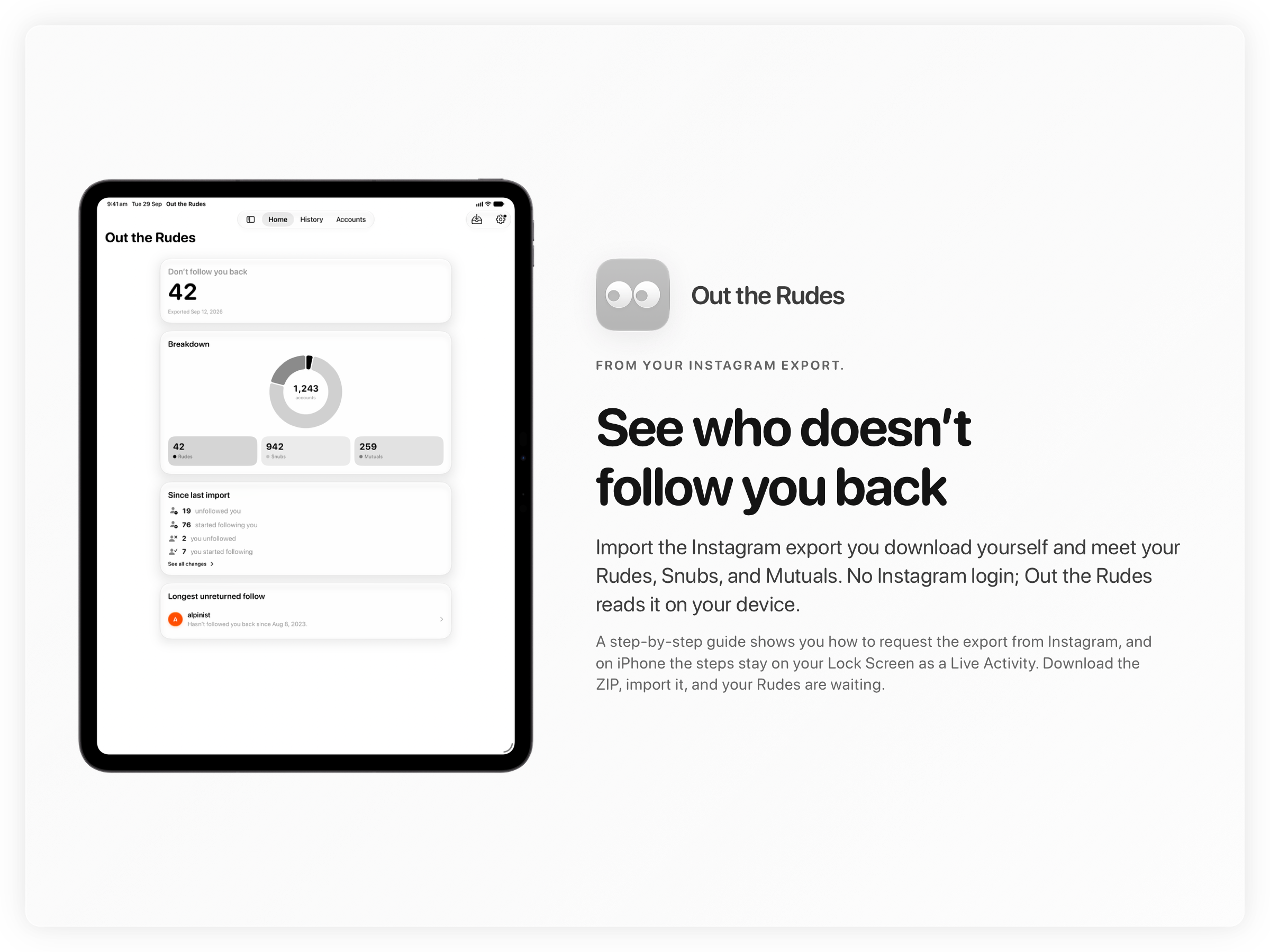 The Out the Rudes share image, showing the app on iPad Pro 13-inch with its icon, name and headline for the Saltmarsh account, in the Grey tint, light appearance.