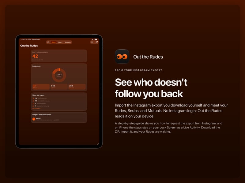 The Out the Rudes share image, showing the app on iPad Pro 13-inch with its icon, name and headline for the Saltmarsh account, in the Orange tint, dark appearance.