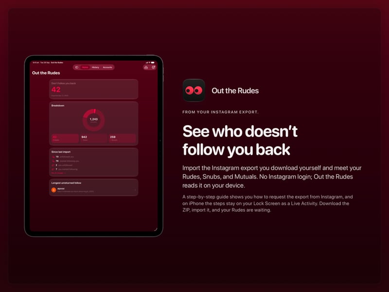 The Out the Rudes share image, showing the app on iPad Pro 13-inch with its icon, name and headline for the Saltmarsh account, in the Pink tint, dark appearance.