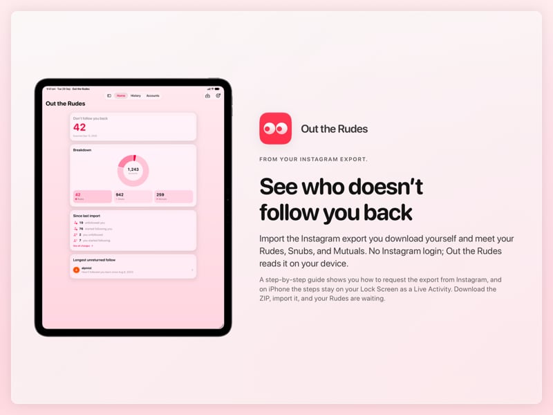The Out the Rudes share image, showing the app on iPad Pro 13-inch with its icon, name and headline for the Saltmarsh account, in the Pink tint, light appearance.