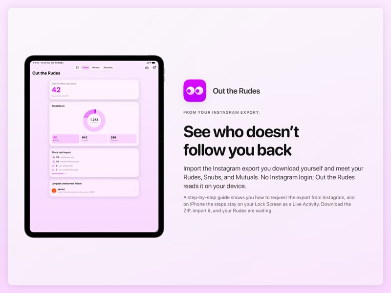 The Out the Rudes share image, showing the app on iPad Pro 13-inch with its icon, name and headline for the Saltmarsh account, in the Purple tint, light appearance.