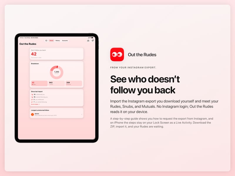 The Out the Rudes share image, showing the app on iPad Pro 13-inch with its icon, name and headline for the Saltmarsh account, in the Red tint, light appearance.