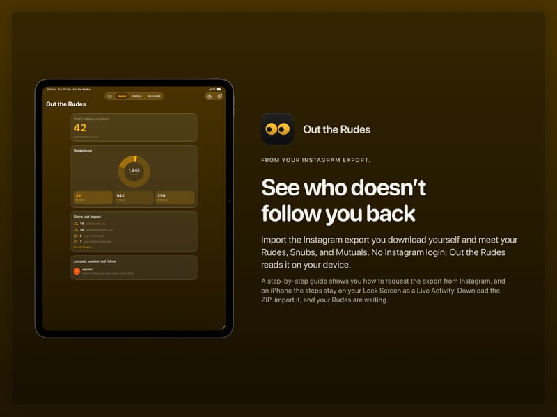 The Out the Rudes share image, showing the app on iPad Pro 13-inch with its icon, name and headline for the Saltmarsh account, in the Yellow tint, dark appearance.