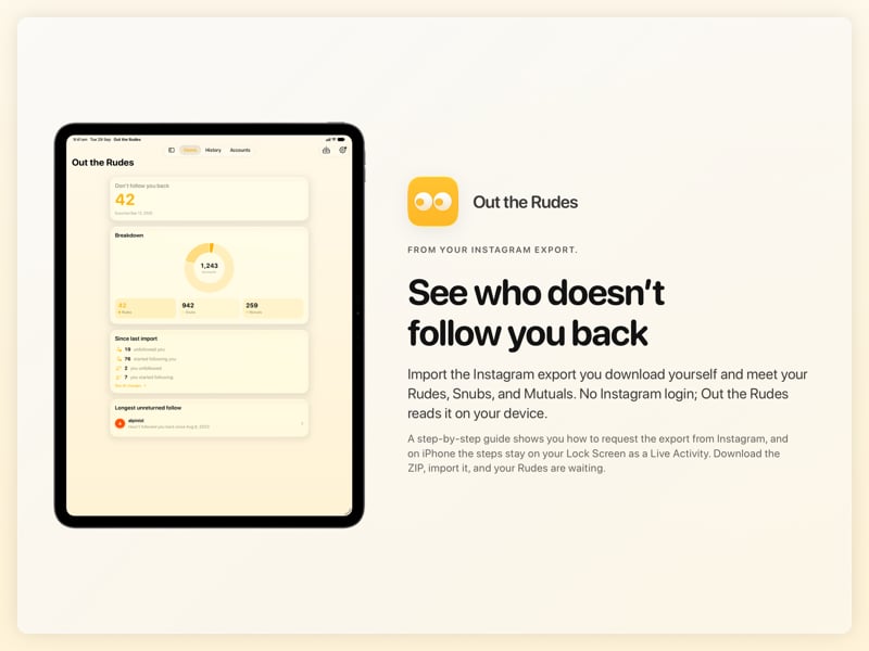 The Out the Rudes share image, showing the app on iPad Pro 13-inch with its icon, name and headline for the Saltmarsh account, in the Yellow tint, light appearance.