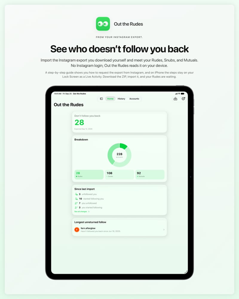 The Out the Rudes share image, showing the app on iPad Pro 13-inch with its icon, name and headline for the Papermoon account, in the Green tint, light appearance.