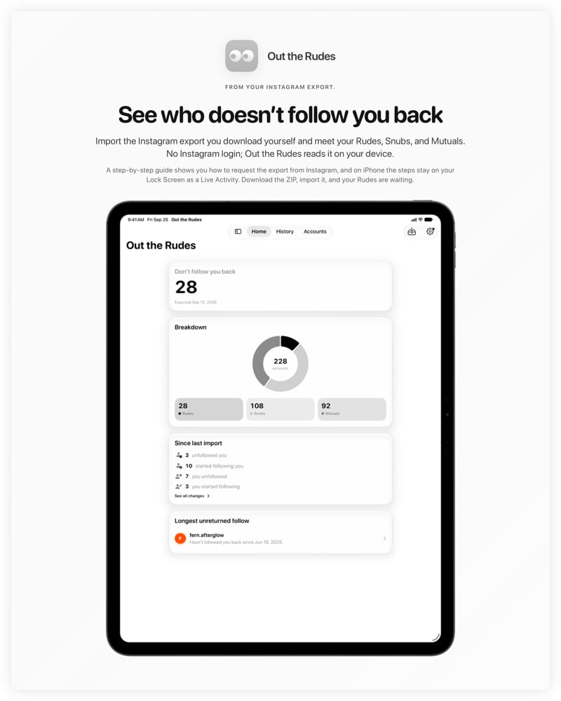 The Out the Rudes share image, showing the app on iPad Pro 13-inch with its icon, name and headline for the Papermoon account, in the Grey tint, light appearance.