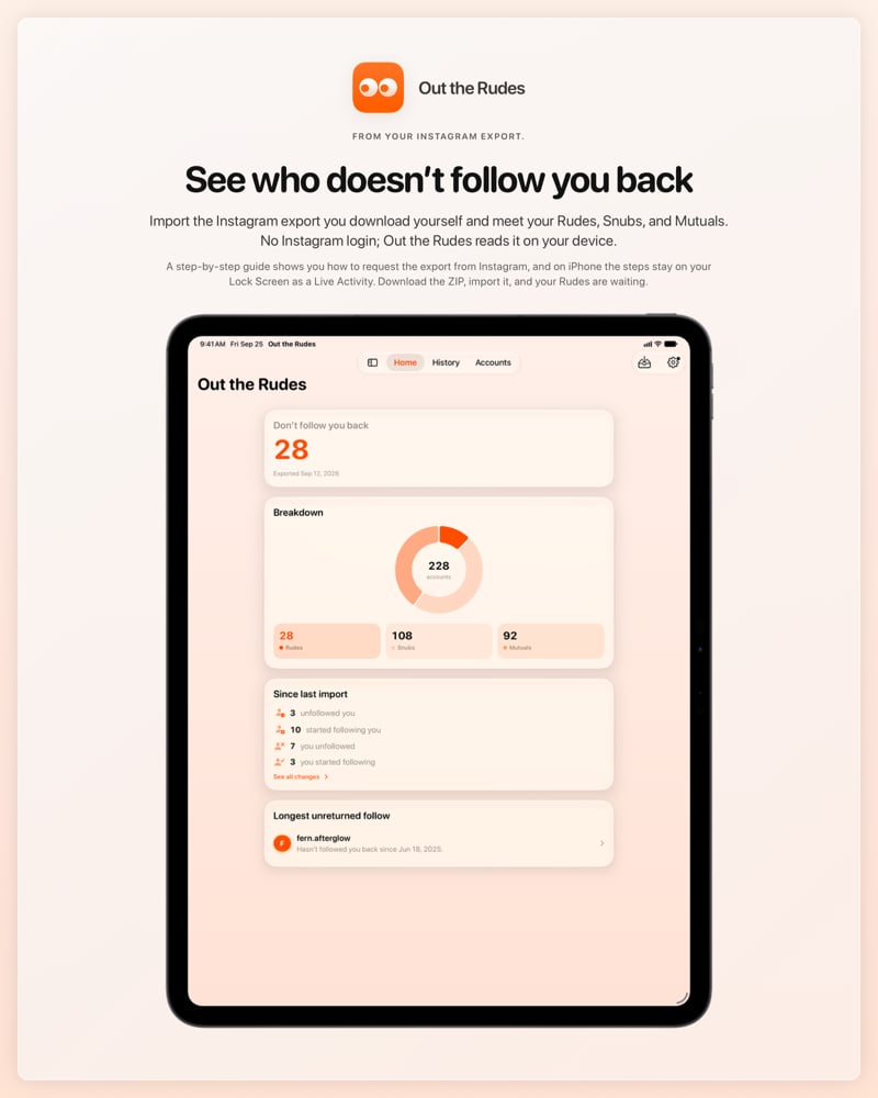 The Out the Rudes share image, showing the app on iPad Pro 13-inch with its icon, name and headline for the Papermoon account, in the Orange tint, light appearance.