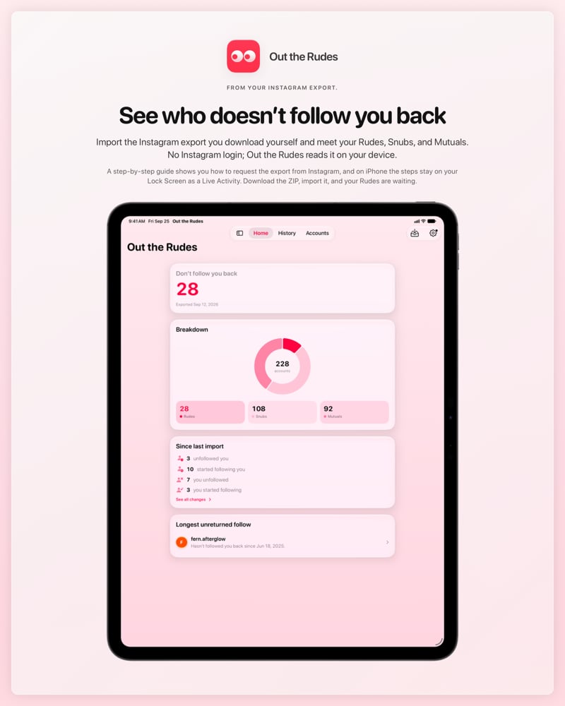 The Out the Rudes share image, showing the app on iPad Pro 13-inch with its icon, name and headline for the Papermoon account, in the Pink tint, light appearance.