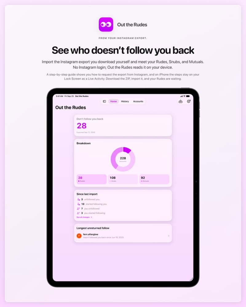 The Out the Rudes share image, showing the app on iPad Pro 13-inch with its icon, name and headline for the Papermoon account, in the Purple tint, light appearance.