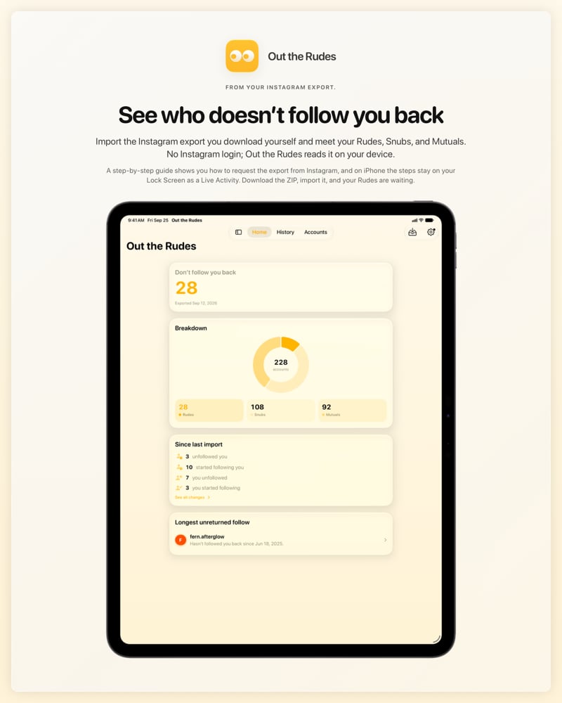 The Out the Rudes share image, showing the app on iPad Pro 13-inch with its icon, name and headline for the Papermoon account, in the Yellow tint, light appearance.