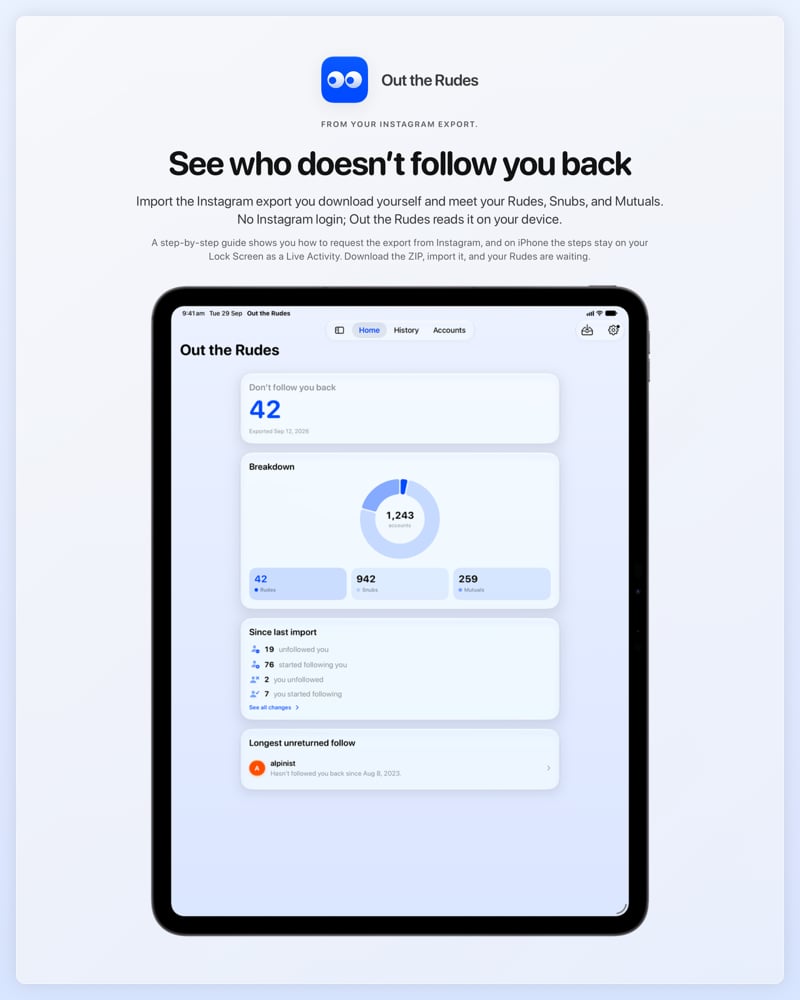 The Out the Rudes share image, showing the app on iPad Pro 13-inch with its icon, name and headline for the Saltmarsh account, in the Blue tint, light appearance.