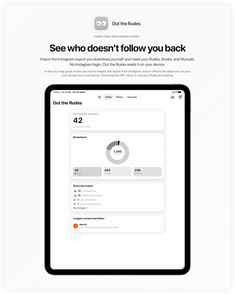 The Out the Rudes share image, showing the app on iPad Pro 13-inch with its icon, name and headline for the Saltmarsh account, in the Grey tint, light appearance.