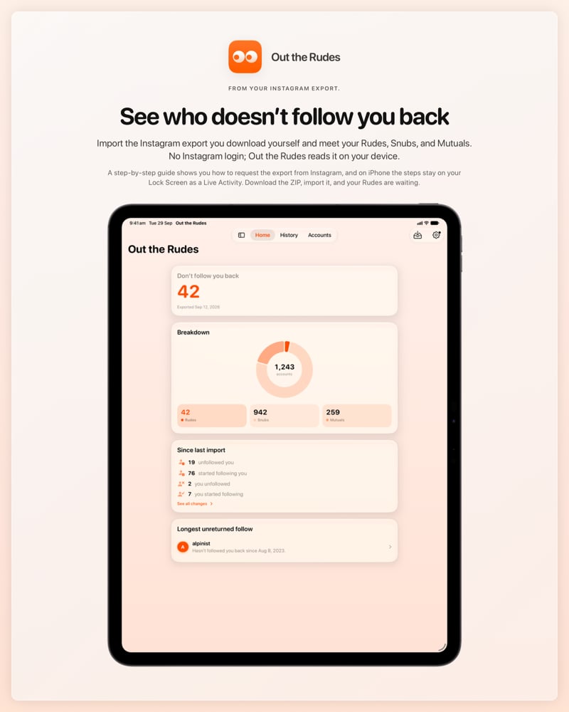 The Out the Rudes share image, showing the app on iPad Pro 13-inch with its icon, name and headline for the Saltmarsh account, in the Orange tint, light appearance.