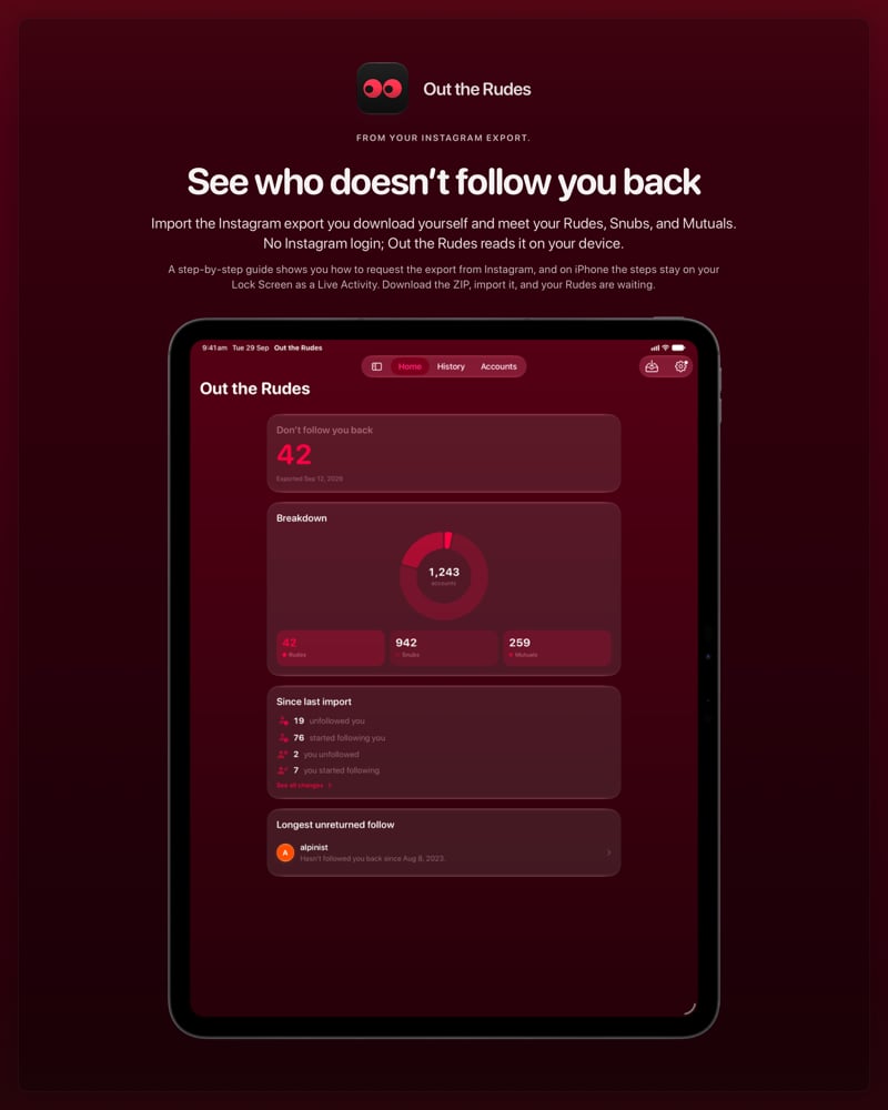 The Out the Rudes share image, showing the app on iPad Pro 13-inch with its icon, name and headline for the Saltmarsh account, in the Pink tint, dark appearance.