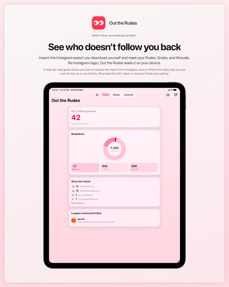 The Out the Rudes share image, showing the app on iPad Pro 13-inch with its icon, name and headline for the Saltmarsh account, in the Pink tint, light appearance.