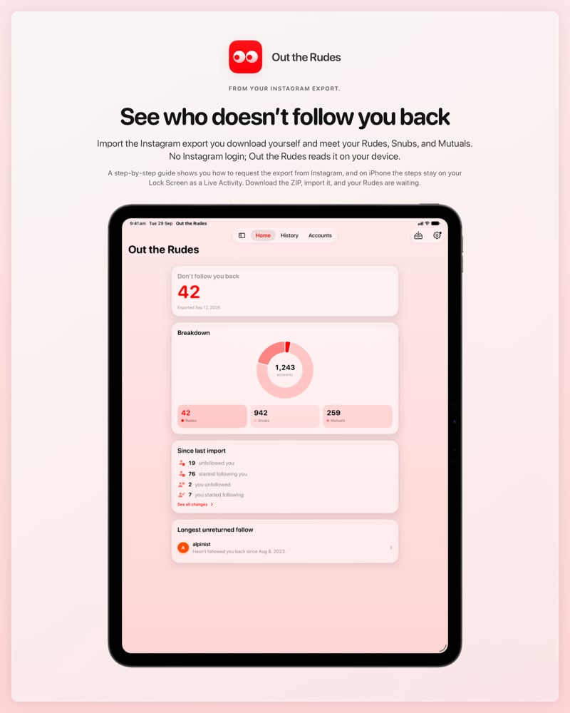 The Out the Rudes share image, showing the app on iPad Pro 13-inch with its icon, name and headline for the Saltmarsh account, in the Red tint, light appearance.