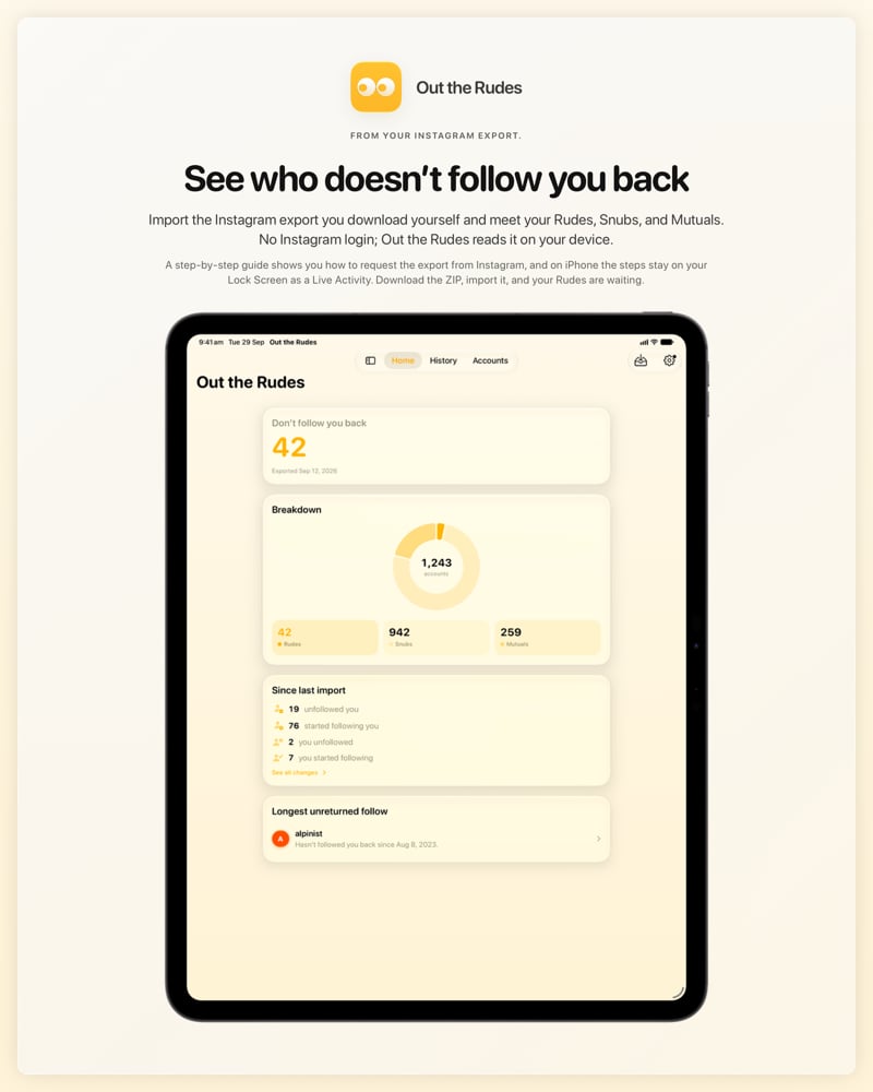 The Out the Rudes share image, showing the app on iPad Pro 13-inch with its icon, name and headline for the Saltmarsh account, in the Yellow tint, light appearance.