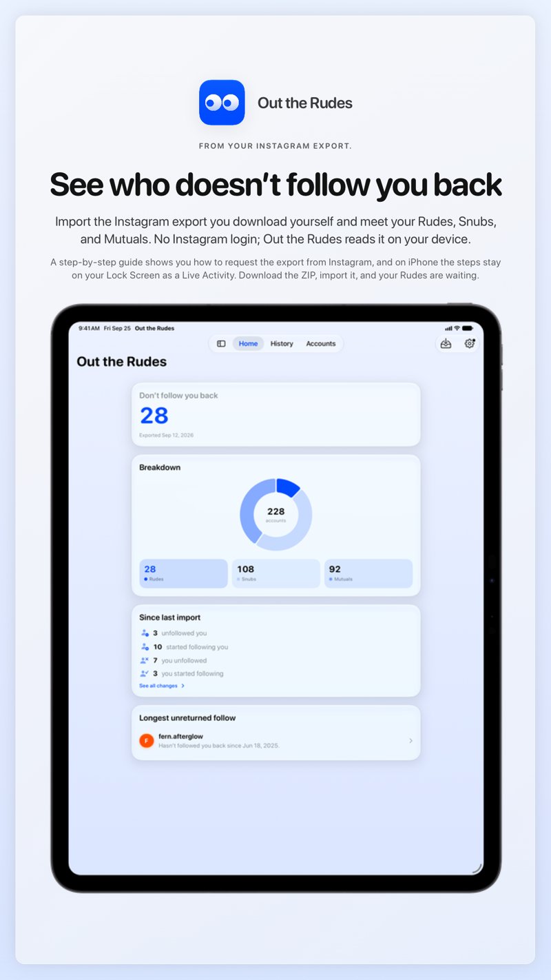 The Out the Rudes share image, showing the app on iPad Pro 13-inch with its icon, name and headline for the Papermoon account, in the Blue tint, light appearance.