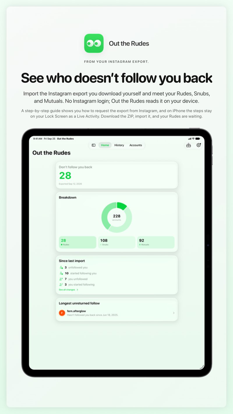 The Out the Rudes share image, showing the app on iPad Pro 13-inch with its icon, name and headline for the Papermoon account, in the Green tint, light appearance.