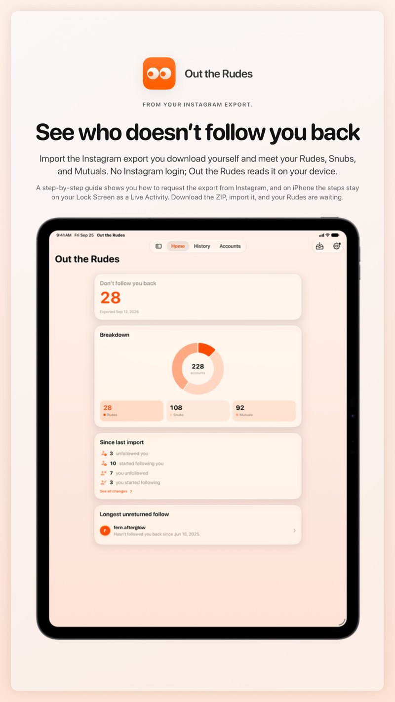 The Out the Rudes share image, showing the app on iPad Pro 13-inch with its icon, name and headline for the Papermoon account, in the Orange tint, light appearance.