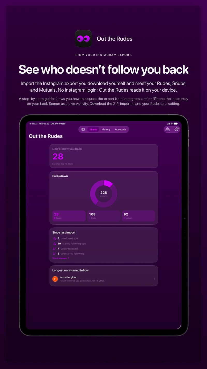 The Out the Rudes share image, showing the app on iPad Pro 13-inch with its icon, name and headline for the Papermoon account, in the Purple tint, dark appearance.