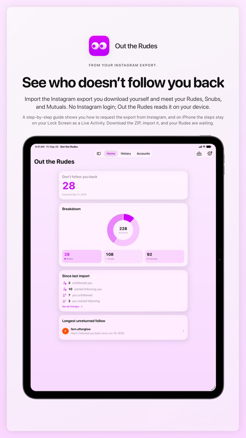 The Out the Rudes share image, showing the app on iPad Pro 13-inch with its icon, name and headline for the Papermoon account, in the Purple tint, light appearance.