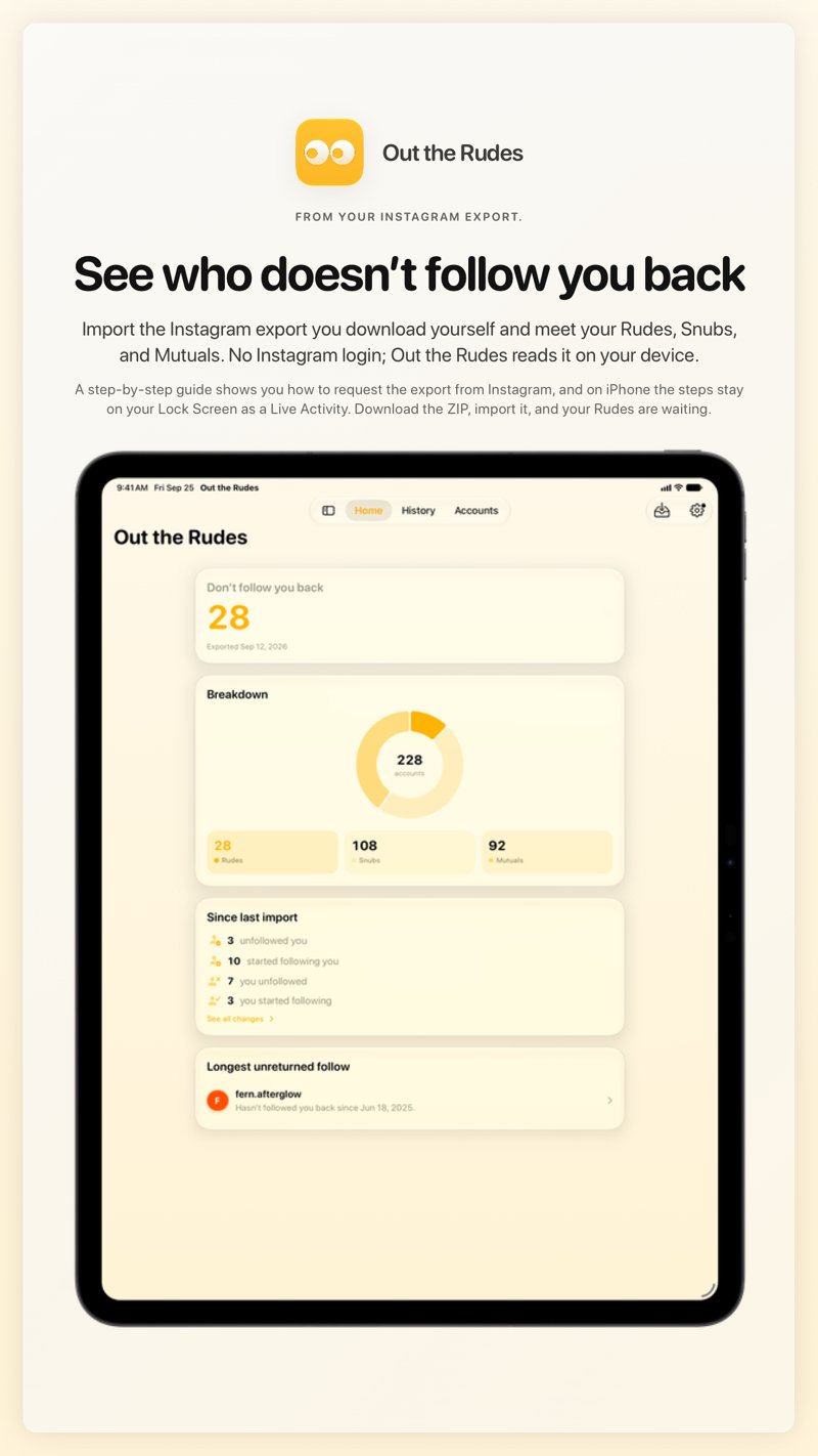 The Out the Rudes share image, showing the app on iPad Pro 13-inch with its icon, name and headline for the Papermoon account, in the Yellow tint, light appearance.