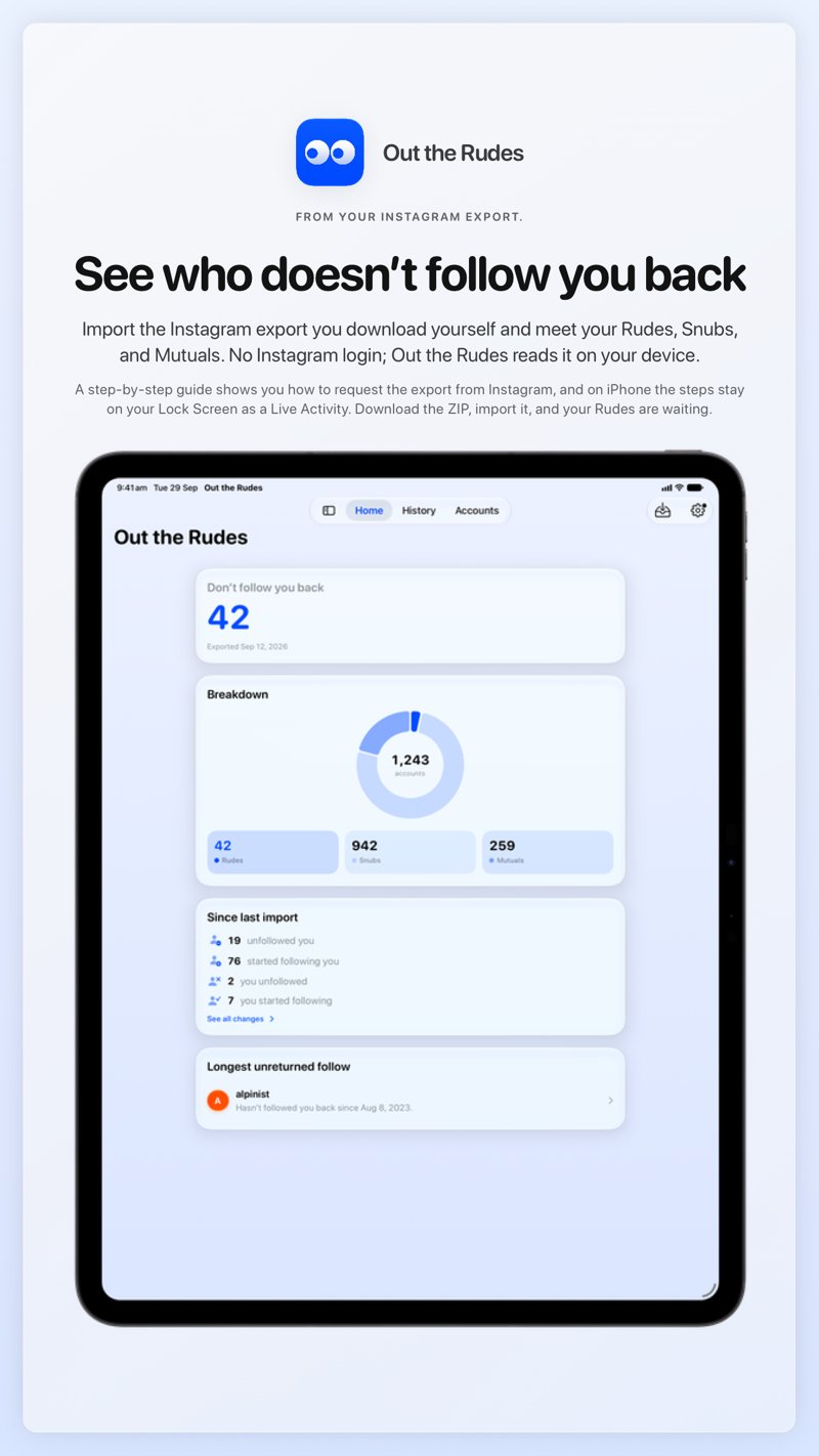 The Out the Rudes share image, showing the app on iPad Pro 13-inch with its icon, name and headline for the Saltmarsh account, in the Blue tint, light appearance.
