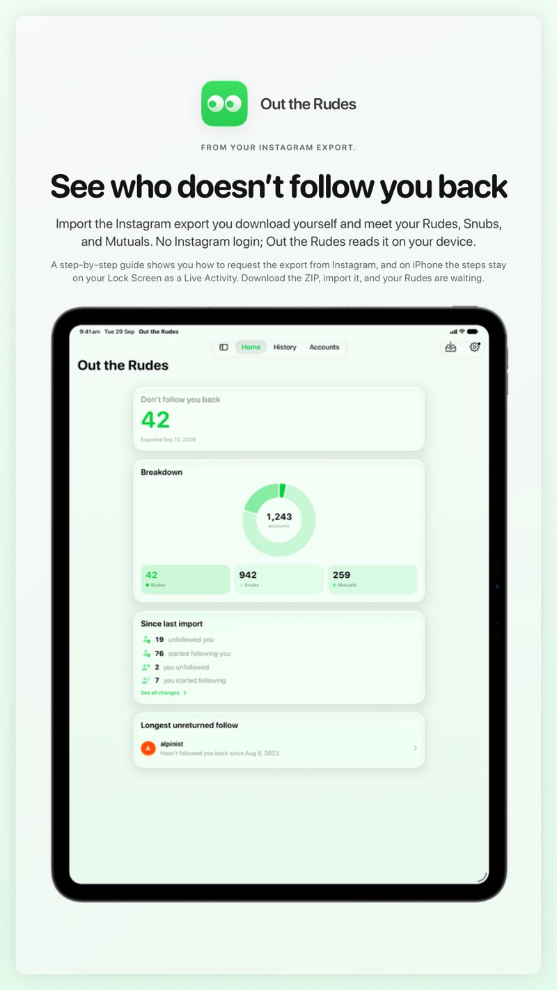 The Out the Rudes share image, showing the app on iPad Pro 13-inch with its icon, name and headline for the Saltmarsh account, in the Green tint, light appearance.