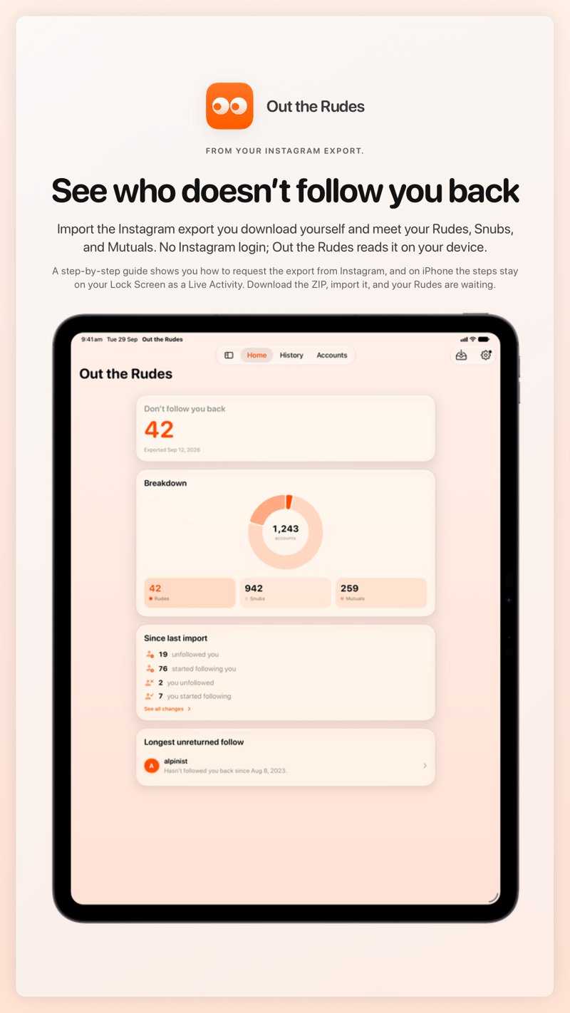 The Out the Rudes share image, showing the app on iPad Pro 13-inch with its icon, name and headline for the Saltmarsh account, in the Orange tint, light appearance.