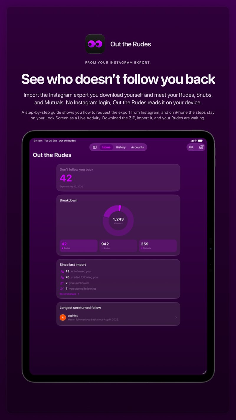The Out the Rudes share image, showing the app on iPad Pro 13-inch with its icon, name and headline for the Saltmarsh account, in the Purple tint, dark appearance.