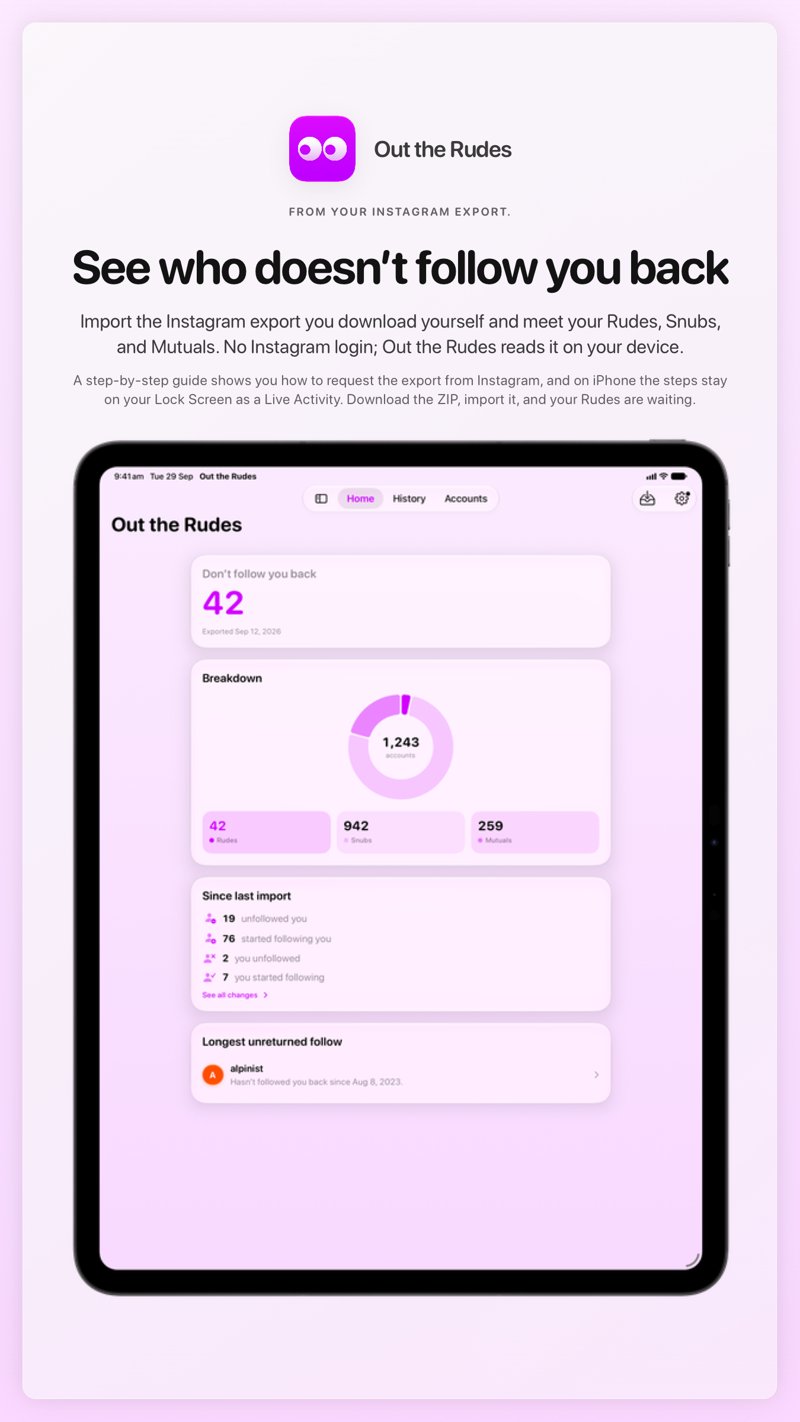 The Out the Rudes share image, showing the app on iPad Pro 13-inch with its icon, name and headline for the Saltmarsh account, in the Purple tint, light appearance.