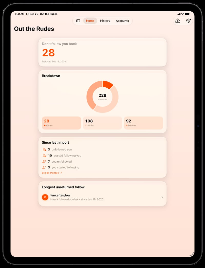 Out the Rudes on iPad Pro 13-inch showing Home for the Papermoon account, in the Orange tint, light appearance.