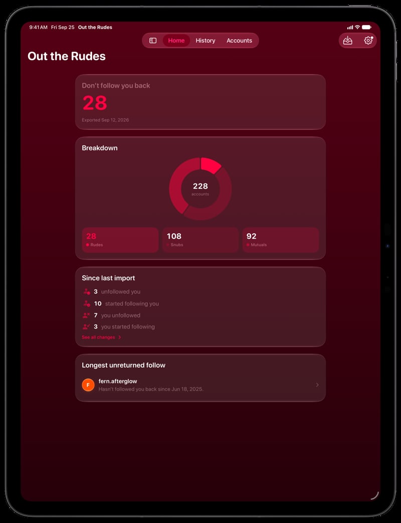 Out the Rudes on iPad Pro 13-inch showing Home for the Papermoon account, in the Pink tint, dark appearance.