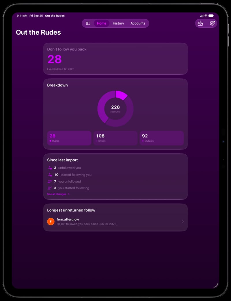 Out the Rudes on iPad Pro 13-inch showing Home for the Papermoon account, in the Purple tint, dark appearance.