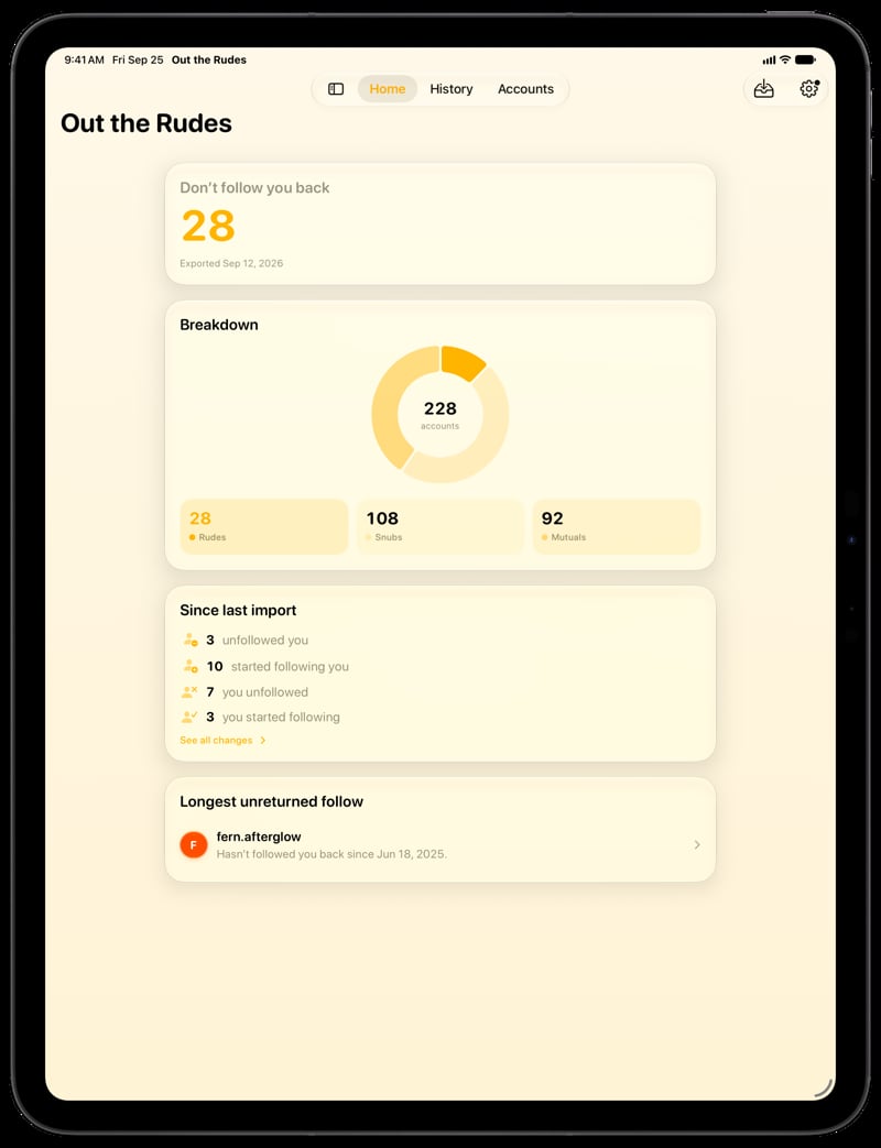 Out the Rudes on iPad Pro 13-inch showing Home for the Papermoon account, in the Yellow tint, light appearance.