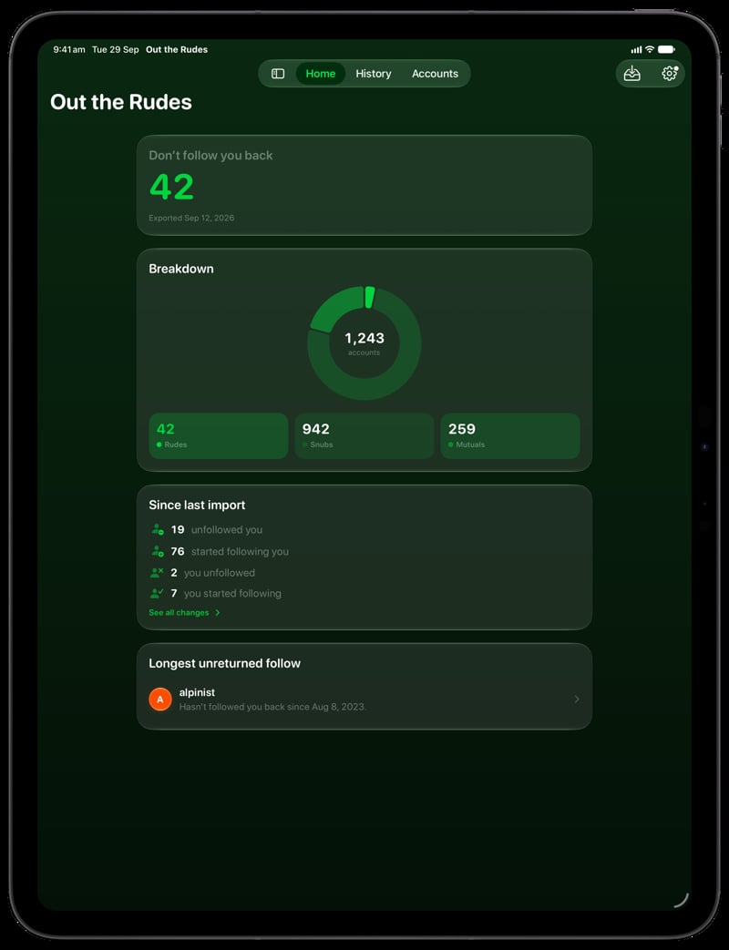 Out the Rudes on iPad Pro 13-inch showing Home for the Saltmarsh account, in the Green tint, dark appearance.