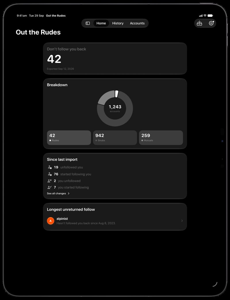 Out the Rudes on iPad Pro 13-inch showing Home for the Saltmarsh account, in the Grey tint, dark appearance.