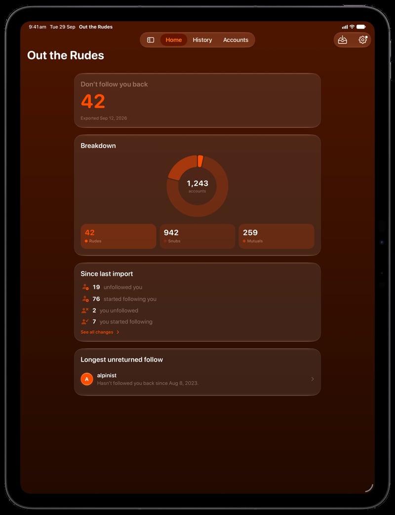 Out the Rudes on iPad Pro 13-inch showing Home for the Saltmarsh account, in the Orange tint, dark appearance.