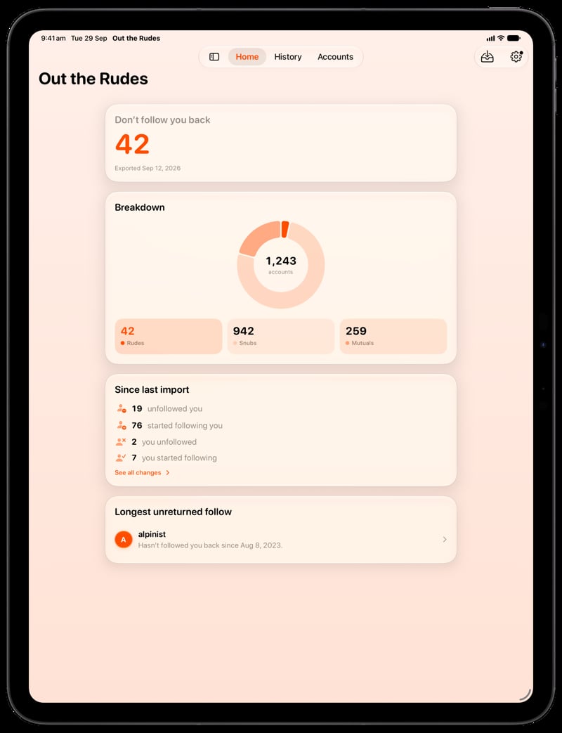 Out the Rudes on iPad Pro 13-inch showing Home for the Saltmarsh account, in the Orange tint, light appearance.
