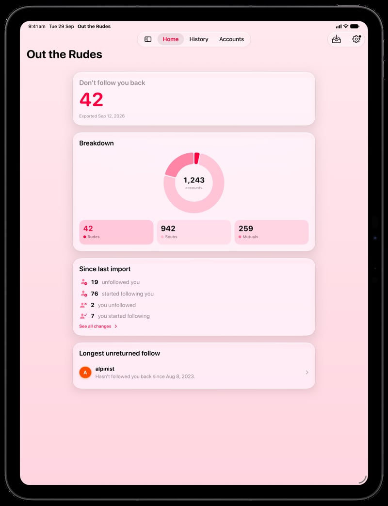 Out the Rudes on iPad Pro 13-inch showing Home for the Saltmarsh account, in the Pink tint, light appearance.