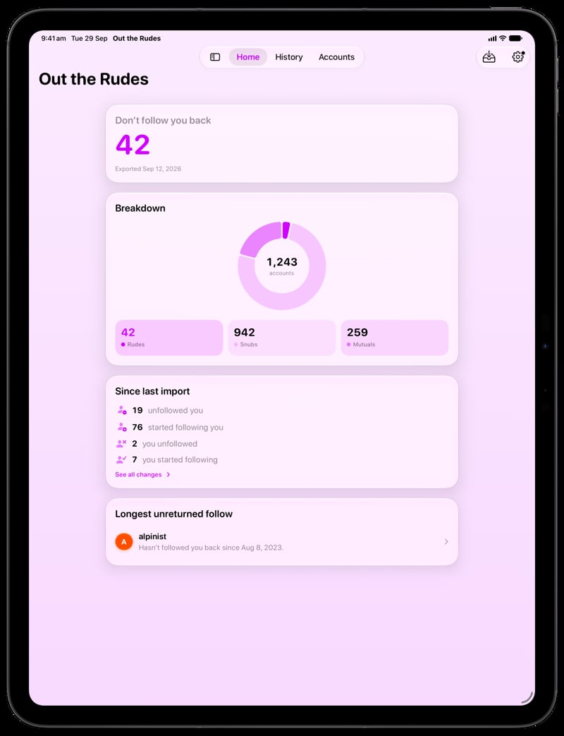 Out the Rudes on iPad Pro 13-inch showing Home for the Saltmarsh account, in the Purple tint, light appearance.