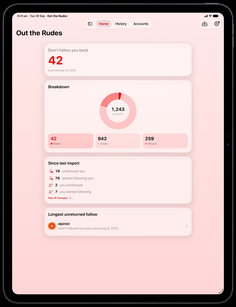 Out the Rudes on iPad Pro 13-inch showing Home for the Saltmarsh account, in the Red tint, light appearance.