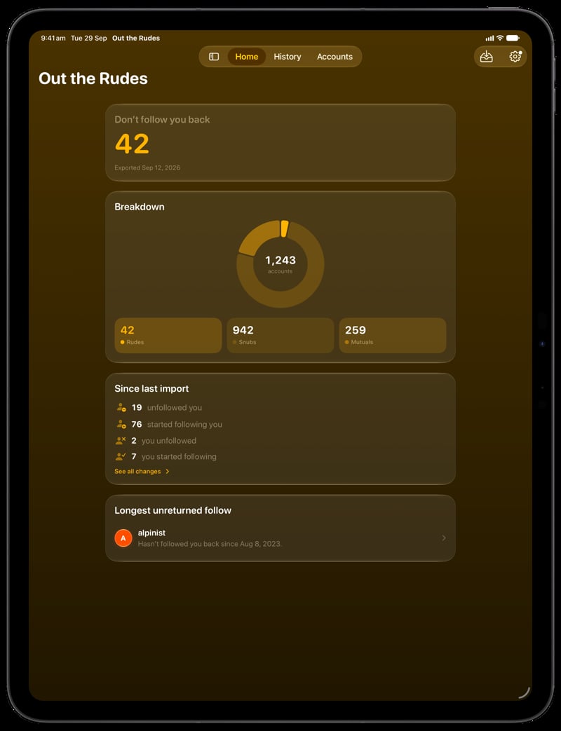 Out the Rudes on iPad Pro 13-inch showing Home for the Saltmarsh account, in the Yellow tint, dark appearance.
