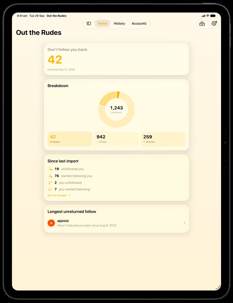 Out the Rudes on iPad Pro 13-inch showing Home for the Saltmarsh account, in the Yellow tint, light appearance.