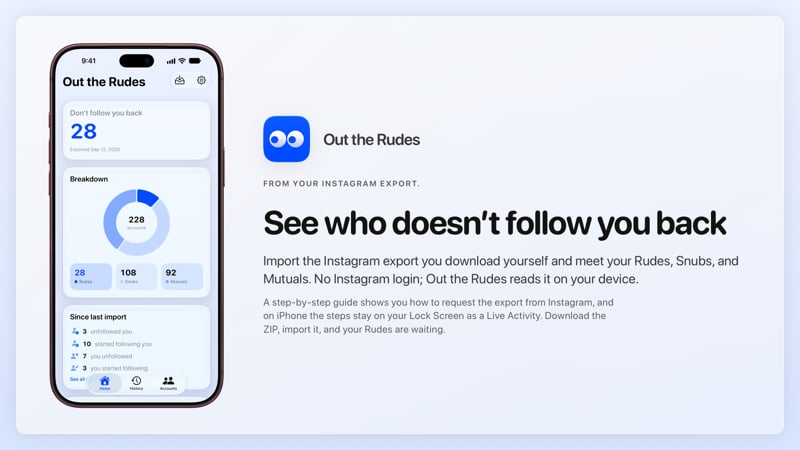 The Out the Rudes share image, showing the app on iPhone 18 Pro Max with its icon, name and headline for the Papermoon account, in the Blue tint, light appearance.